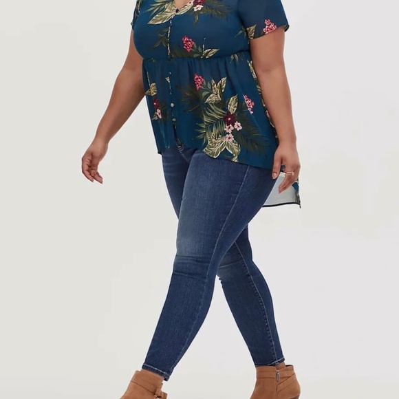 Torrid Tropical Floral Chiffon Hi Lo Babydoll Tunic Sheer Teal Size 0 - Picture 3 of 8